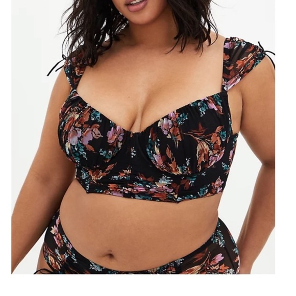 TORRID NWT BLACK FLORAL MESH DRAWSTRING CAP SLEEVE LONGLINE BRALETTE & P… - Picture 3 of 8
